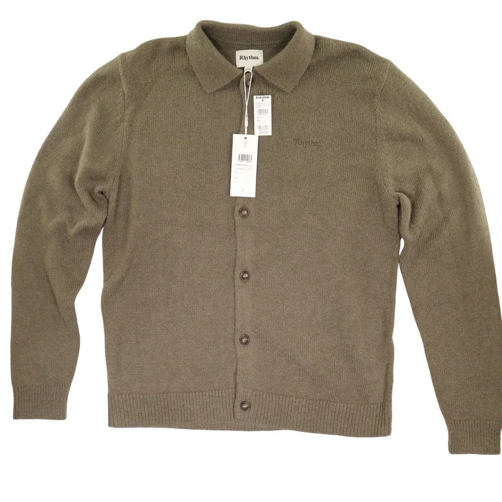 Rhythm Button Up Knit Polo Sweater Mohair Wool Blend Olive Men L NWT